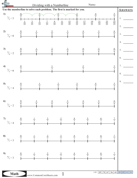Fraction Worksheets - Numberline Fraction by Whole worksheet